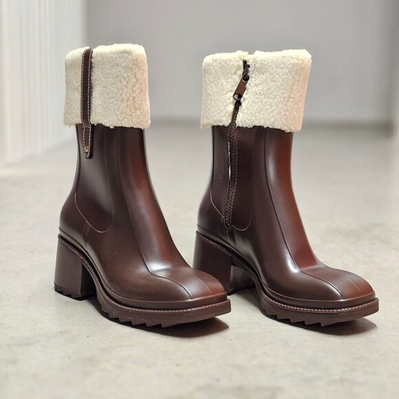 Brown Faux Leather Block Heel Boots With Shearling Cuff & Side Zipper Closure - Picture 3 of 7